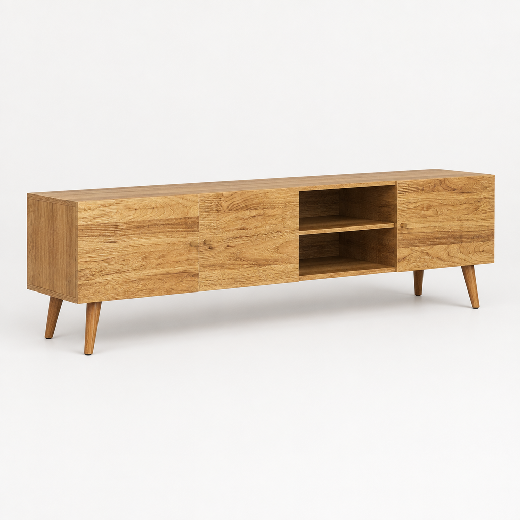 70" Mid-Century TV Stand, 3-Door Pine Legs – Brown Oak — studio side profile