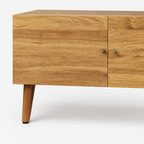 70" Mid-Century TV Stand, 3-Door Pine Legs – Brown Oak — studio detail