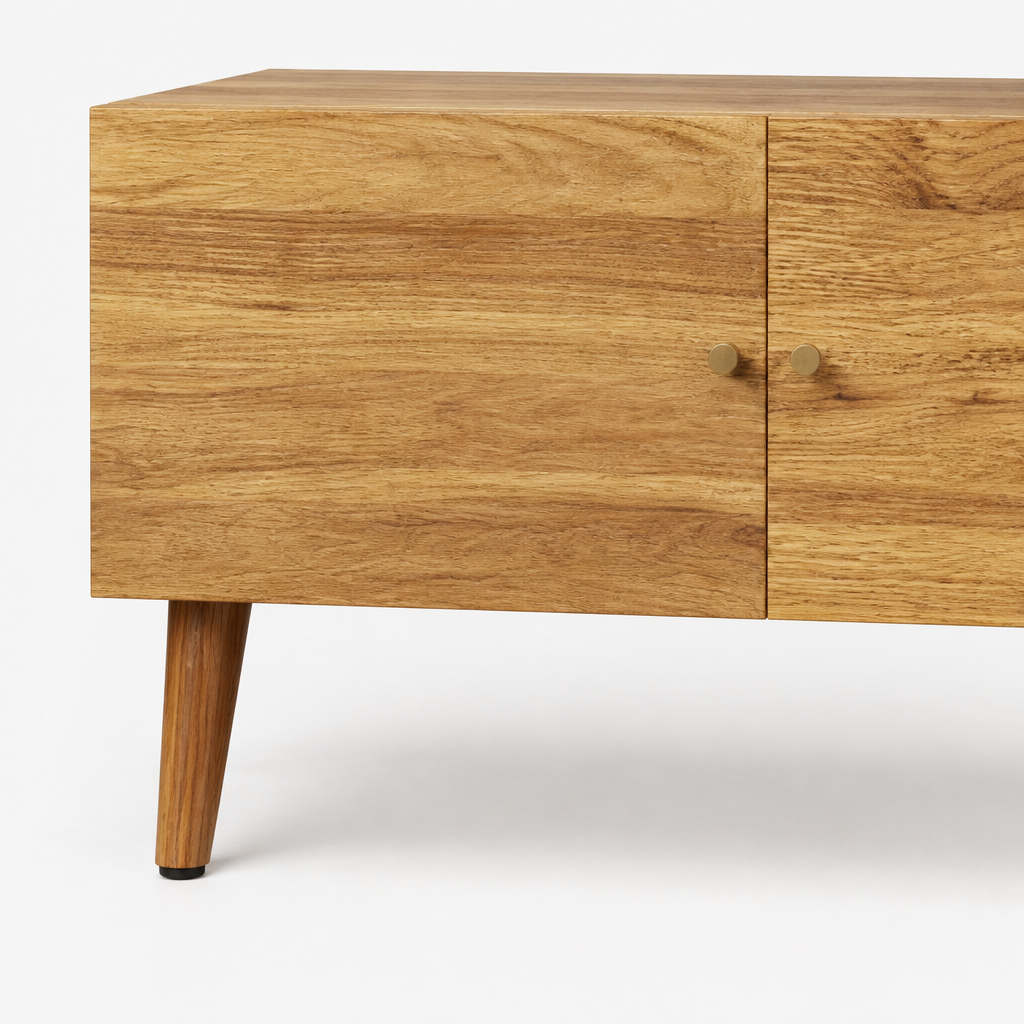 70" Mid-Century TV Stand, 3-Door Pine Legs – Brown Oak — studio detail