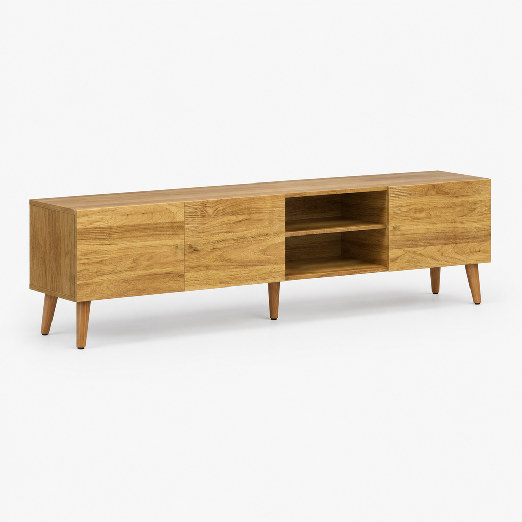 70" Mid-Century TV Stand, 3-Door Pine Legs – Brown Oak — studio three-quarter