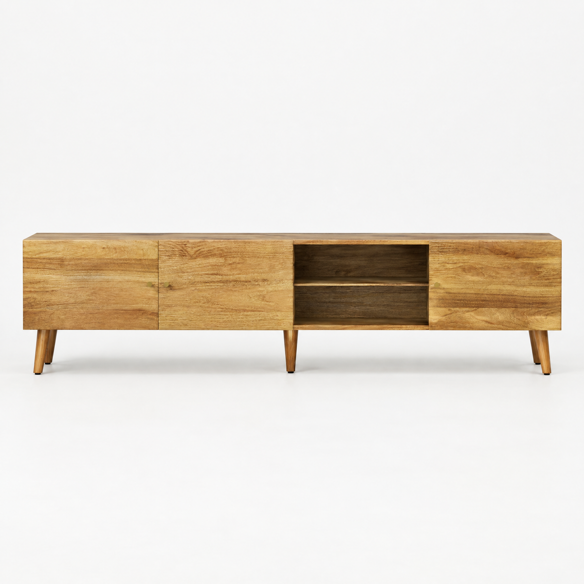 70" Mid-Century TV Stand, 3-Door Pine Legs – Brown Oak — studio hero