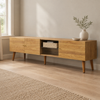 70" Mid-Century TV Stand, 3-Door Pine Legs – Brown Oak — living room three-quarter right