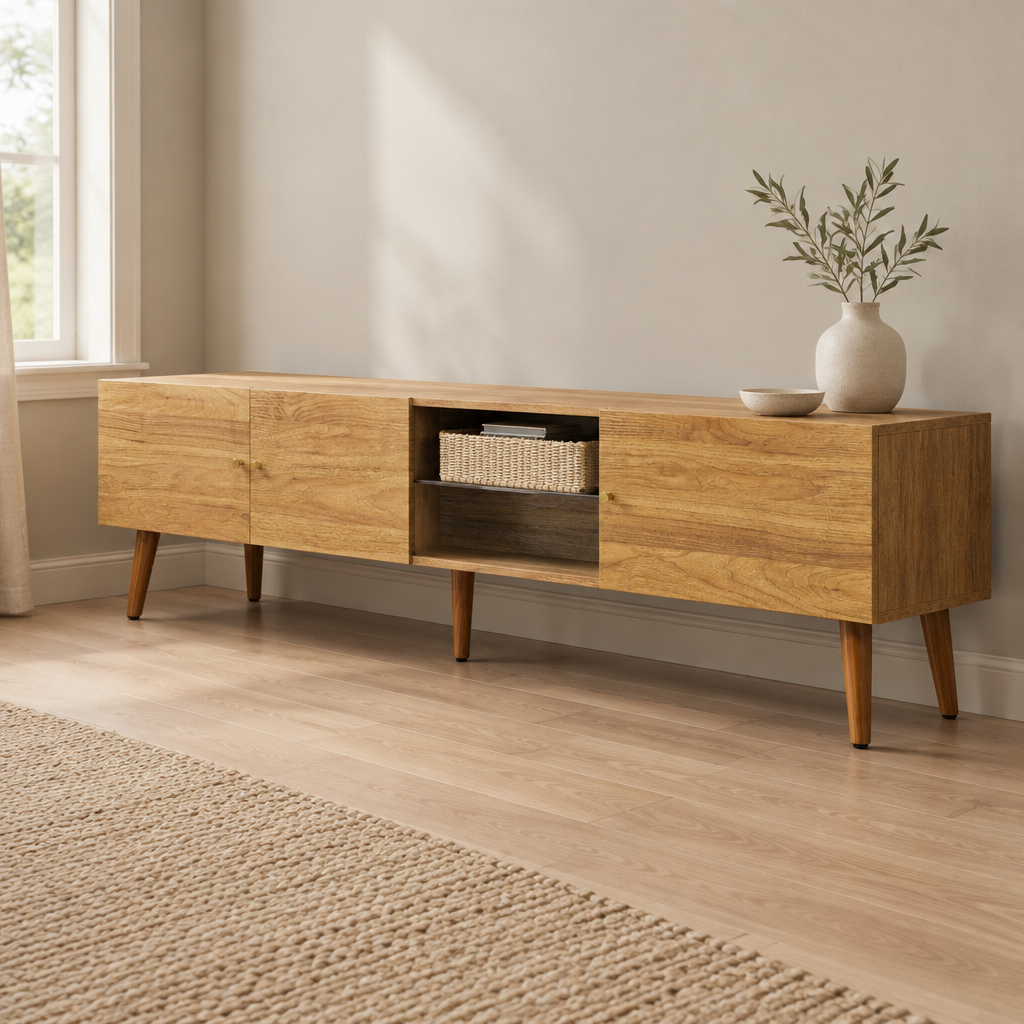 70" Mid-Century TV Stand, 3-Door Pine Legs – Brown Oak — living room three-quarter right