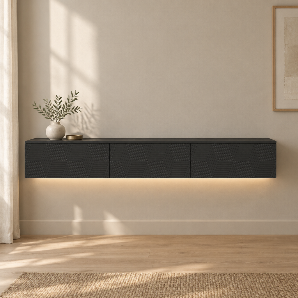 67" Floating LED TV Stand, Wall-Mounted – Black — living room front