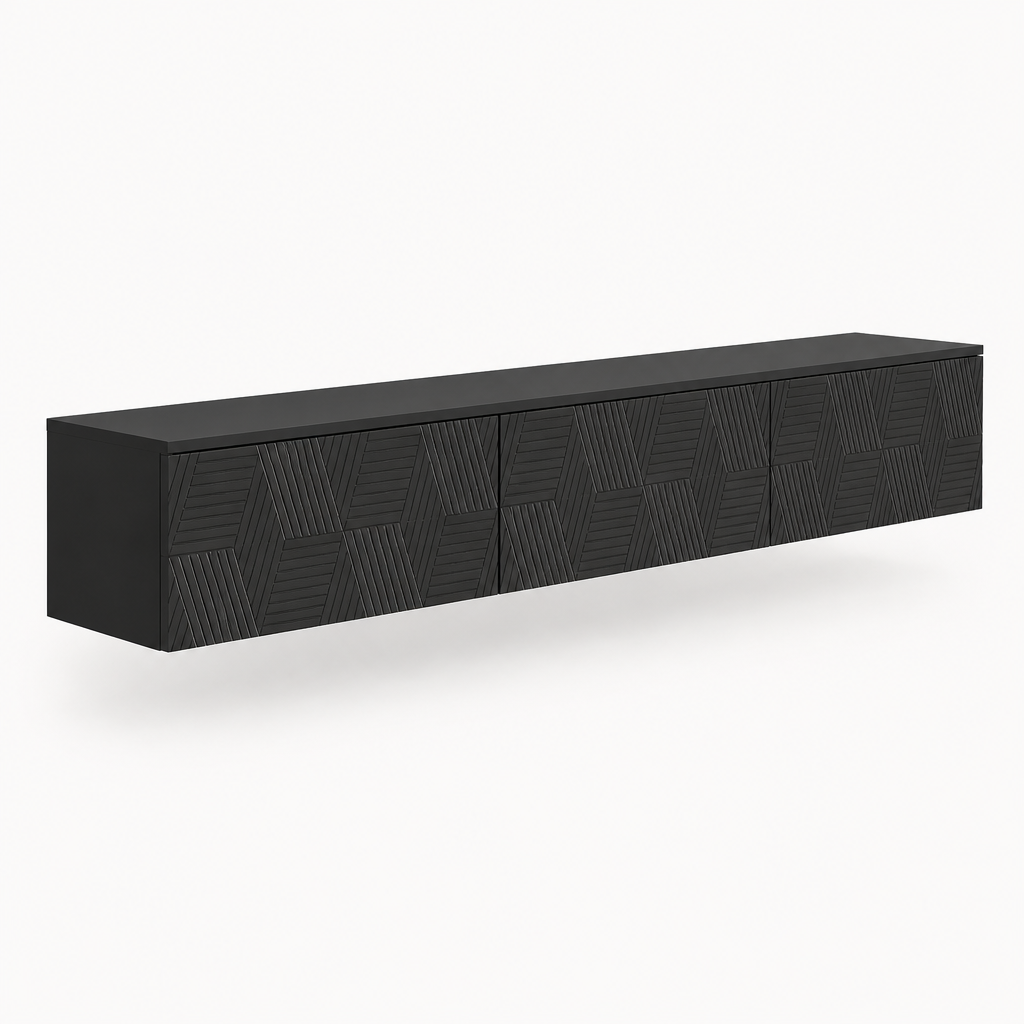 67" Floating LED TV Stand, Wall-Mounted – Black — studio side profile