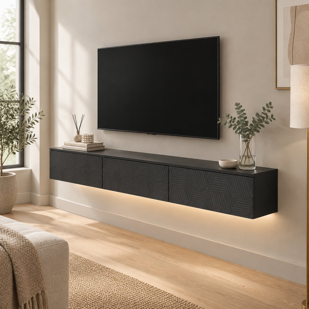 67" Floating LED TV Stand, Wall-Mounted – Black — living room three-quarter right