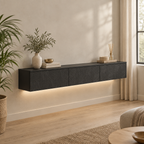 67" Floating LED TV Stand, Wall-Mounted – Black — living room three-quarter left
