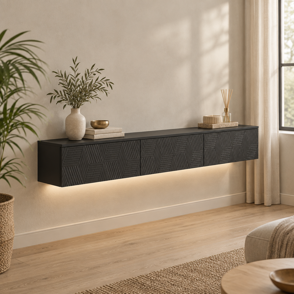 67" Floating LED TV Stand, Wall-Mounted – Black — living room three-quarter left