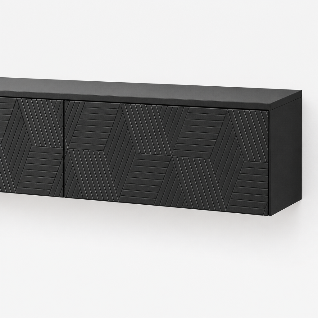 67" Floating LED TV Stand, Wall-Mounted – Black — studio detail