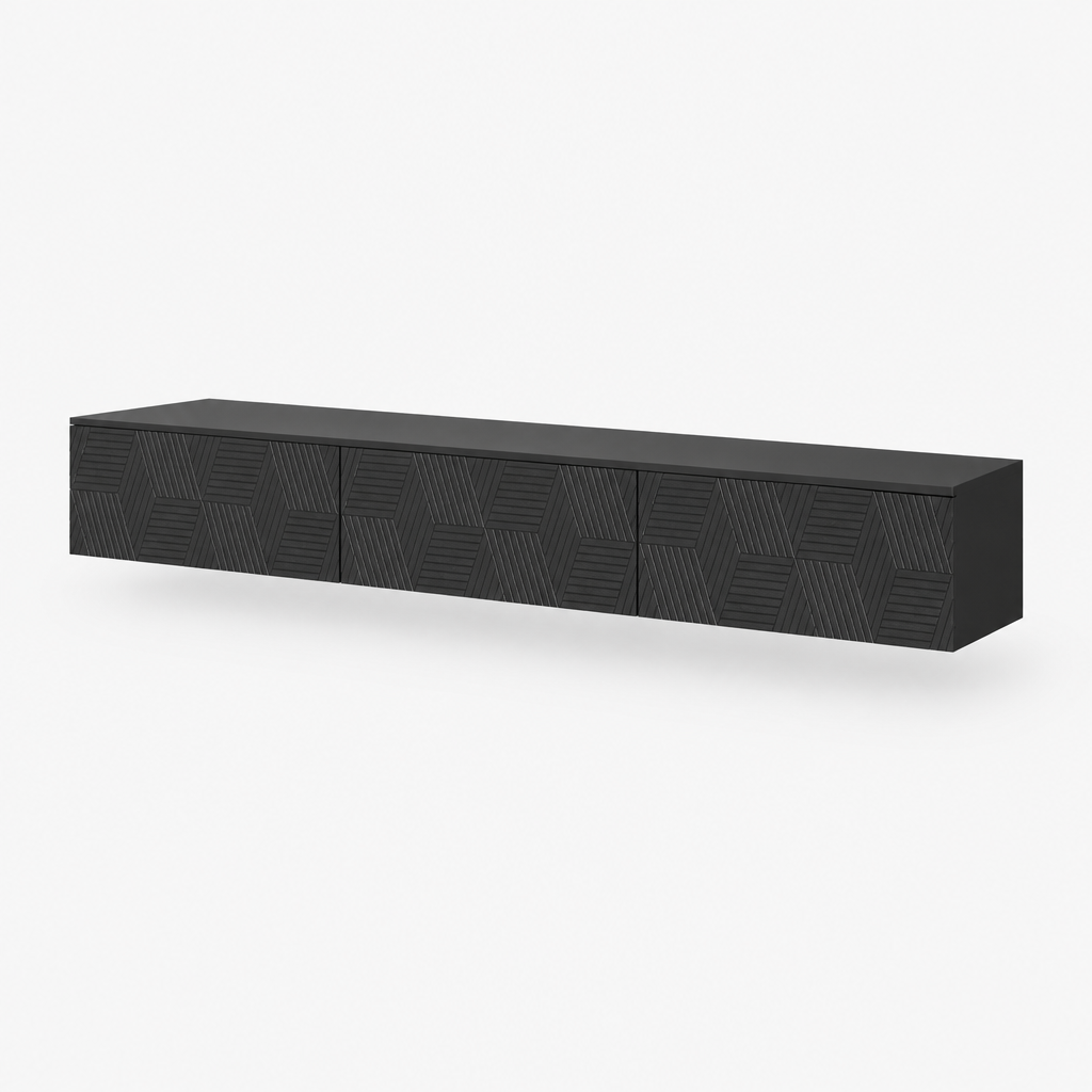 67" Floating LED TV Stand, Wall-Mounted – Black — studio three-quarter