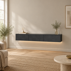 67" Floating LED TV Stand, Wall-Mounted – Black — living room wide