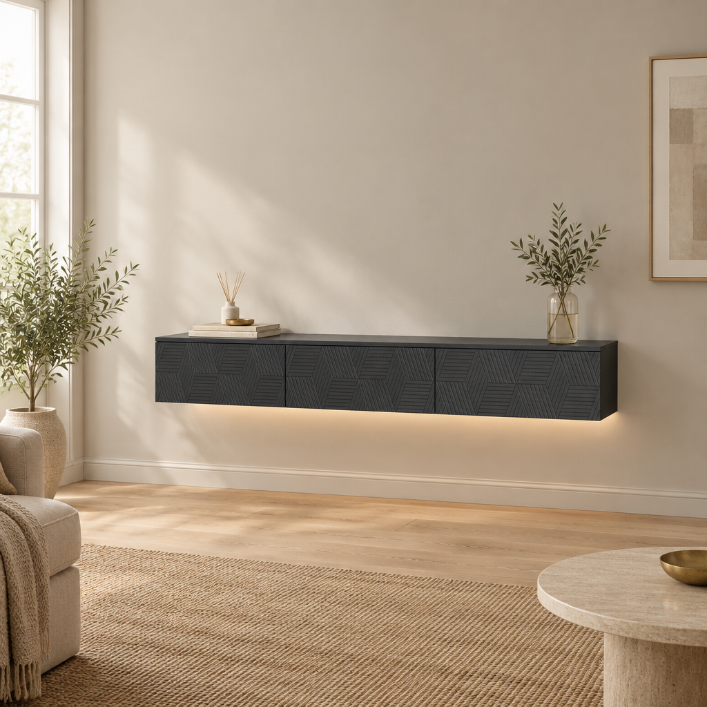 67" Floating LED TV Stand, Wall-Mounted – Black — living room wide