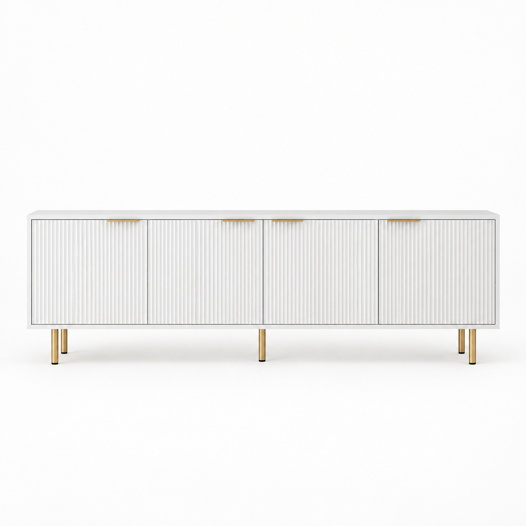 Fluted 69" TV Stand, Gold Legs & Cabinets – White — studio hero