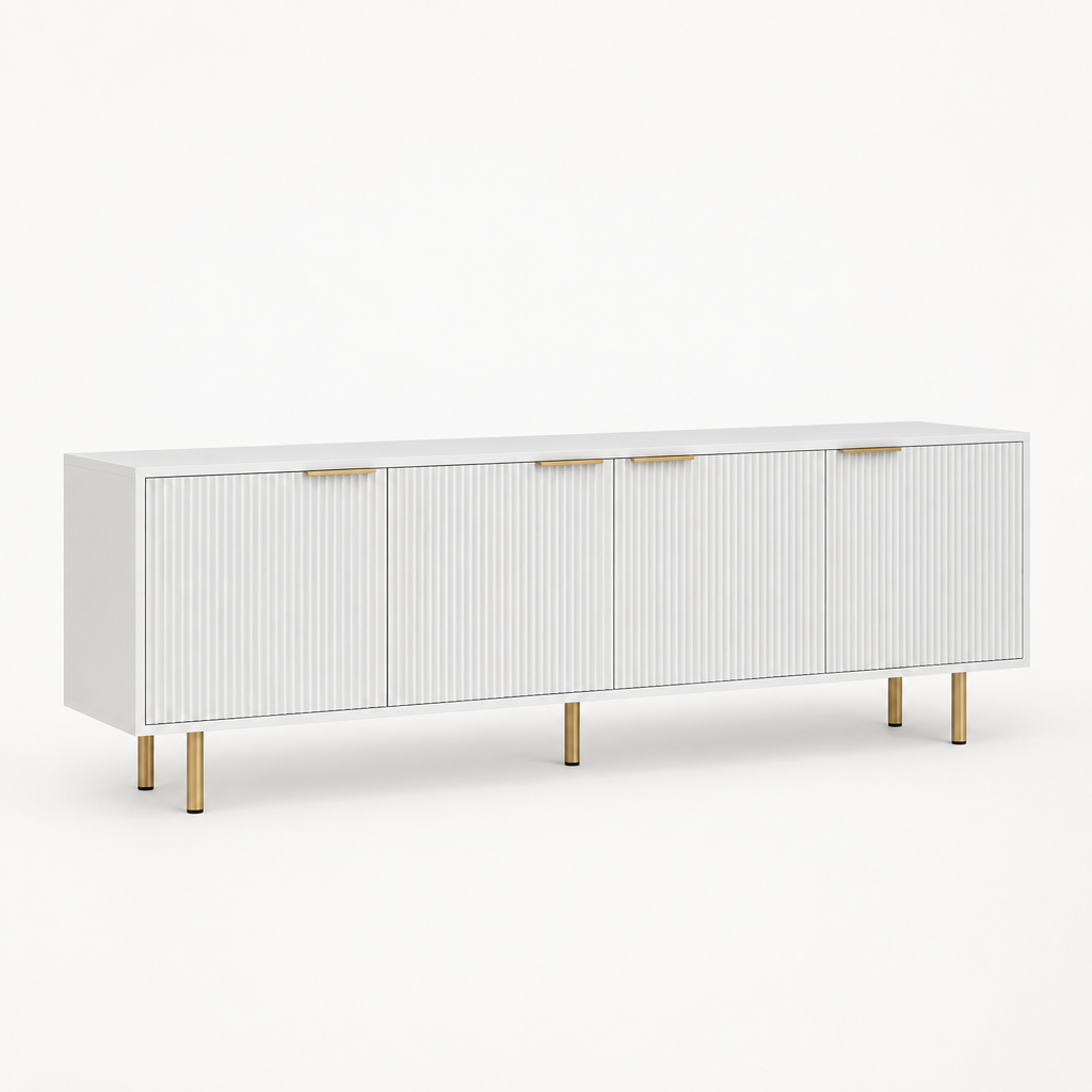 Fluted 69" TV Stand, Gold Legs & Cabinets – White — studio three-quarter