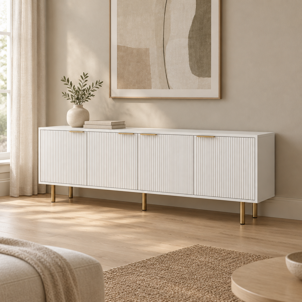 Fluted 69" TV Stand, Gold Legs & Cabinets – White — living room three-quarter left