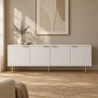 Fluted 69" TV Stand, Gold Legs & Cabinets – White — living room front