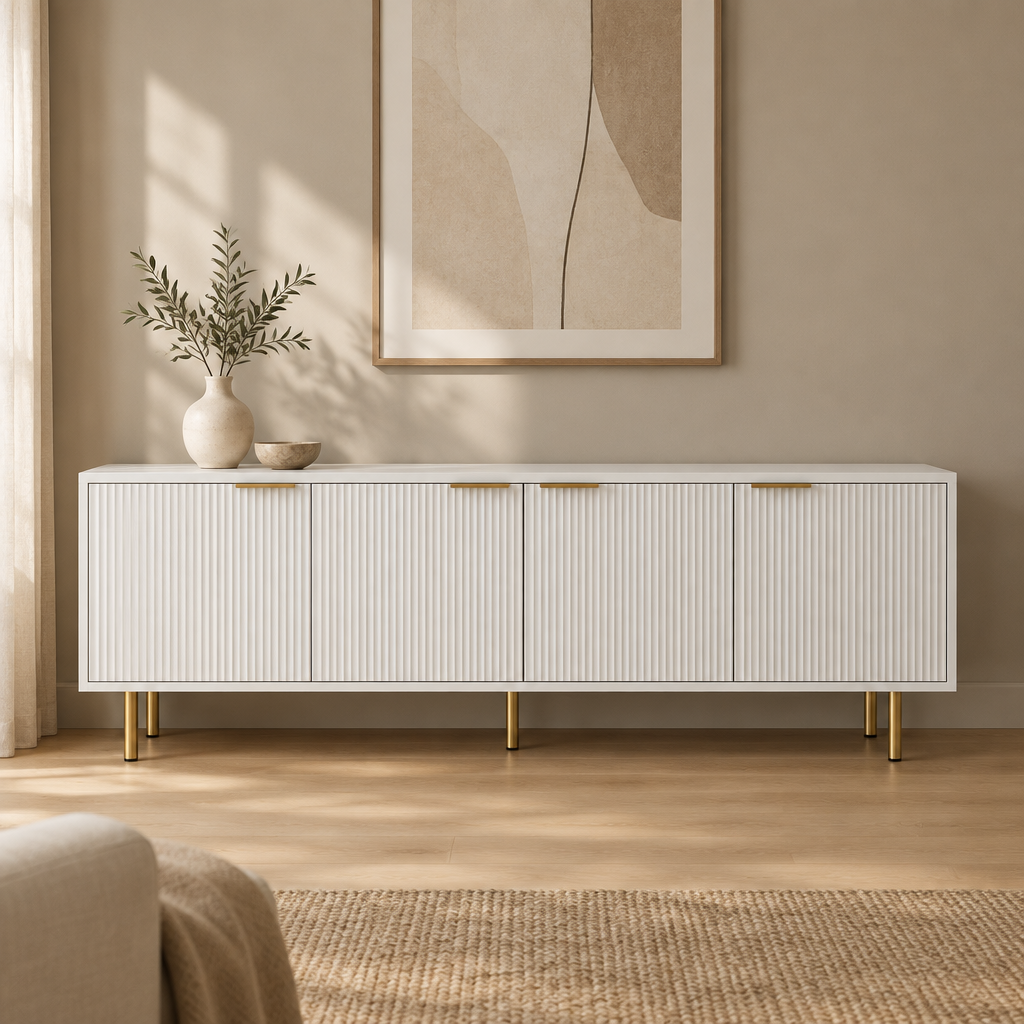 Fluted 69" TV Stand, Gold Legs & Cabinets – White — living room front