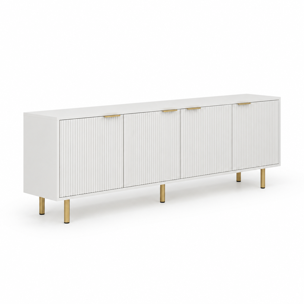 Fluted 69" TV Stand, Gold Legs & Cabinets – White — studio side profile