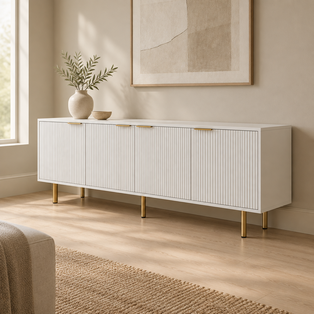 Fluted 69" TV Stand, Gold Legs & Cabinets – White — living room three-quarter right