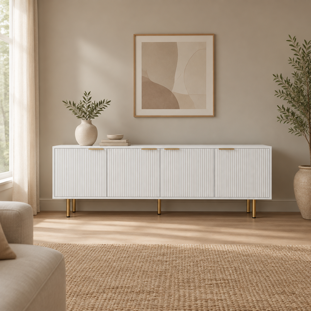 Fluted 69" TV Stand, Gold Legs & Cabinets – White — living room wide