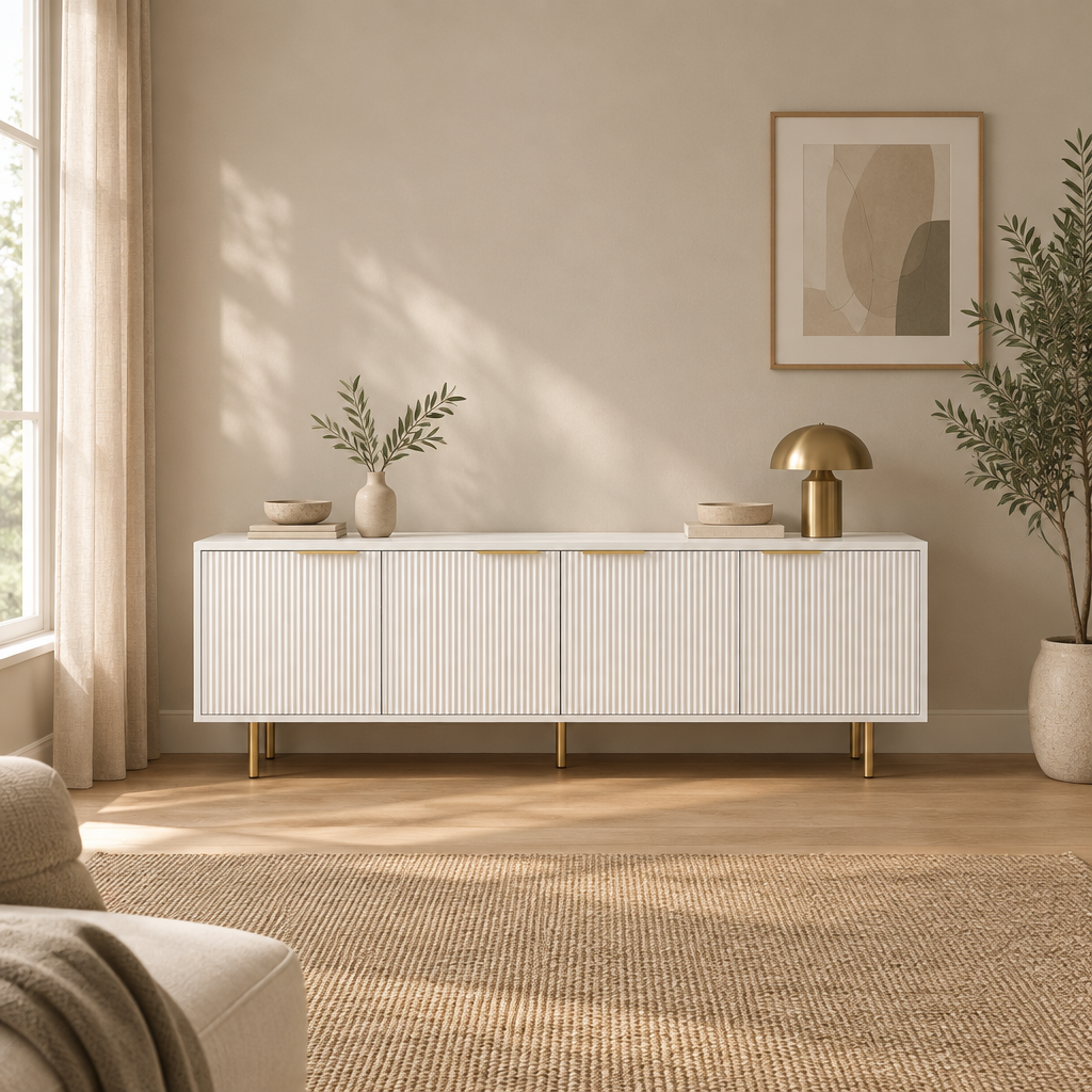 69" Fluted TV Stand with 4 Storage Doors – White — living room wide