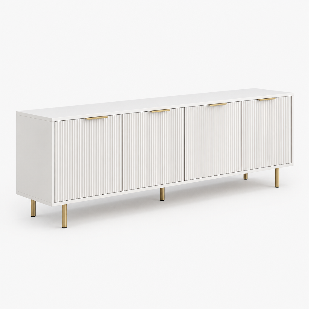 69" Fluted TV Stand with 4 Storage Doors – White — studio side profile