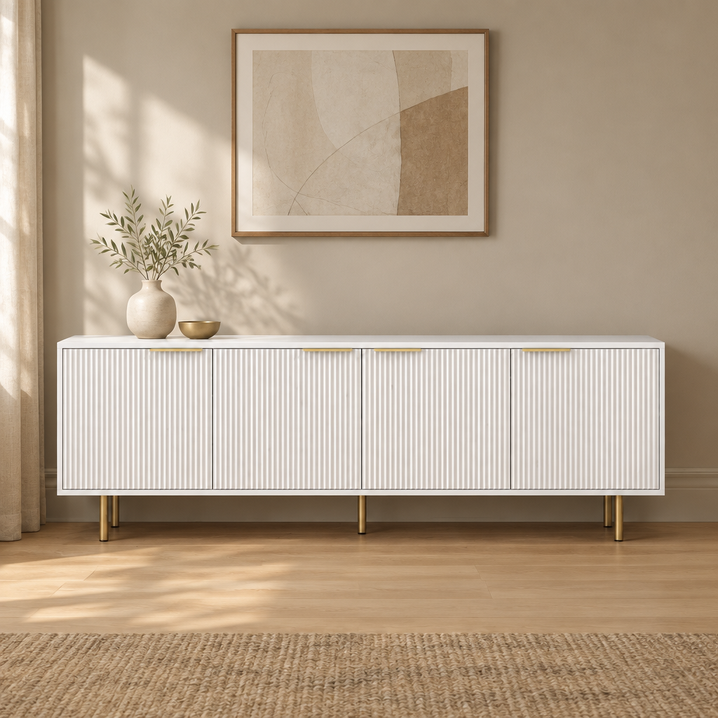69" Fluted TV Stand with 4 Storage Doors – White — living room front