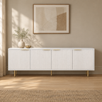 69" Fluted TV Stand with 4 Storage Doors – White — living room front
