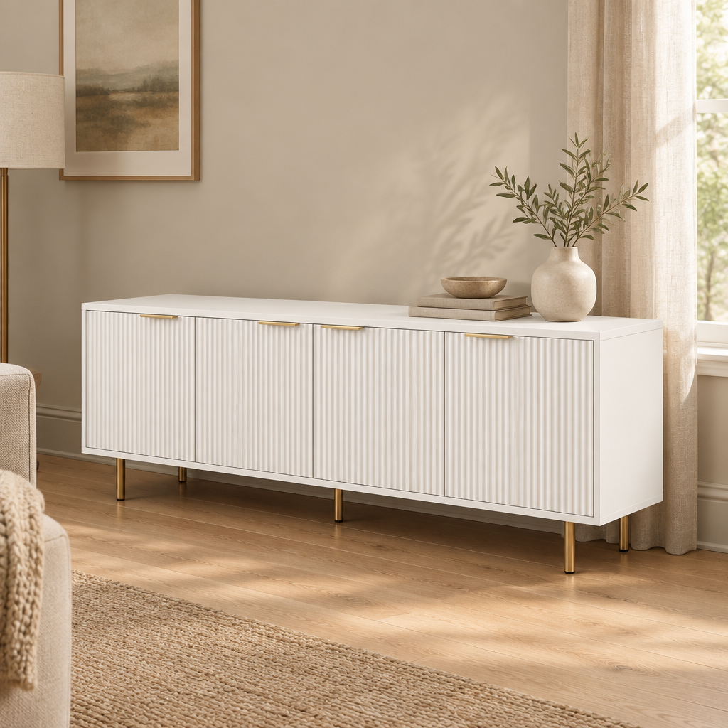 69" Fluted TV Stand with 4 Storage Doors – White — living room three-quarter right