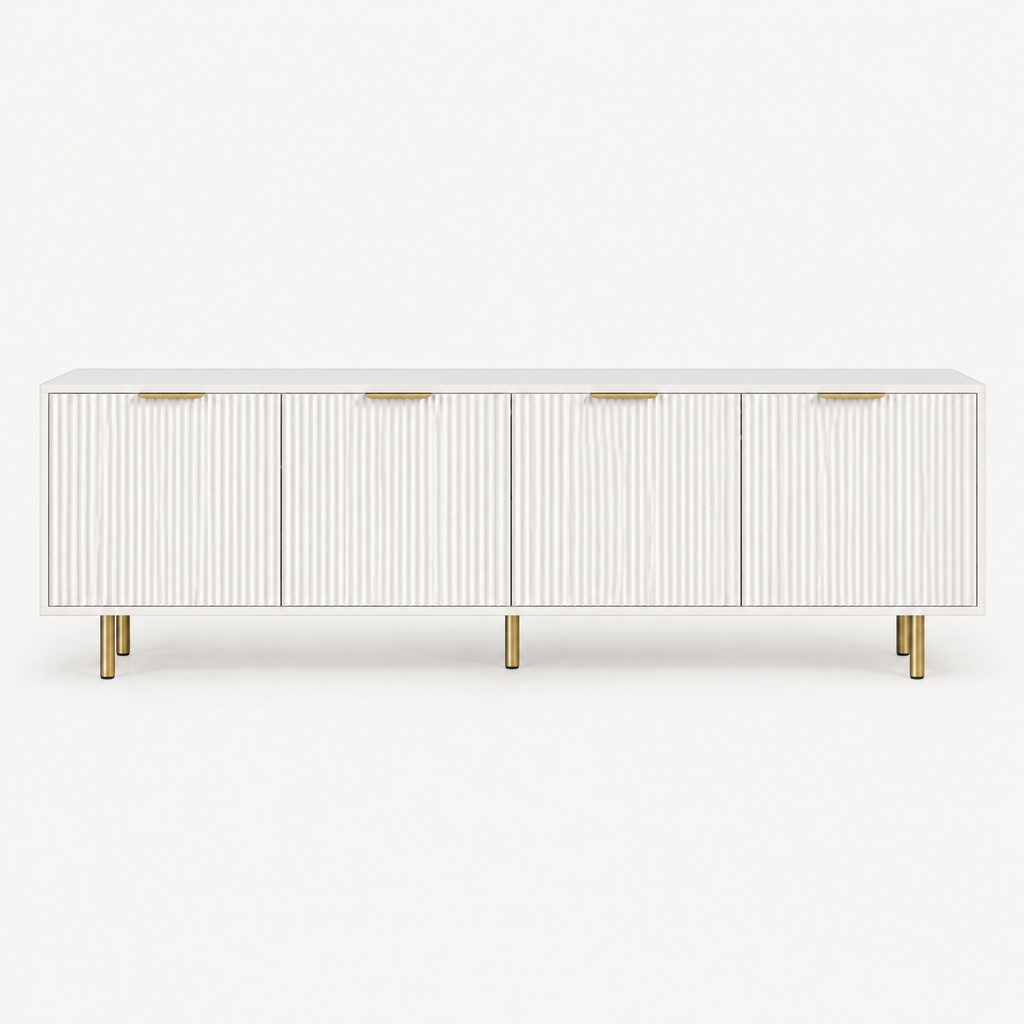 69" Fluted TV Stand with 4 Storage Doors – White — studio hero
