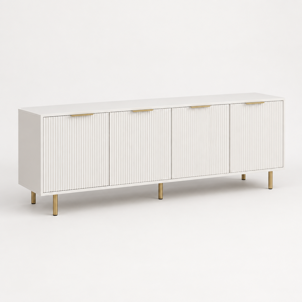 69" Fluted TV Stand with 4 Storage Doors – White — studio three-quarter