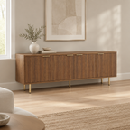Fluted 69" TV Stand, Gold Legs & Cabinets – Wood — living room three-quarter left