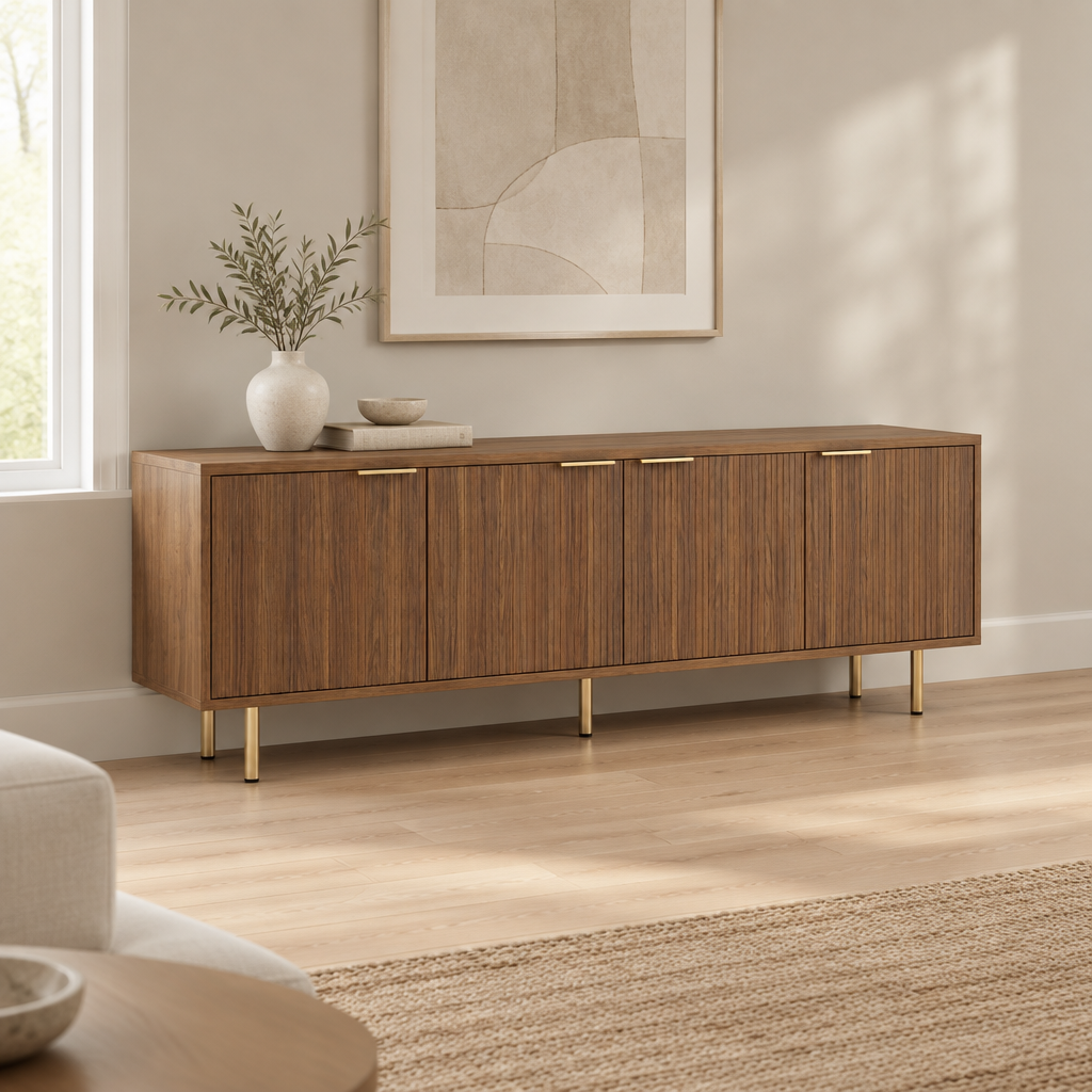 Fluted 69" TV Stand, Gold Legs & Cabinets – Wood — living room three-quarter left
