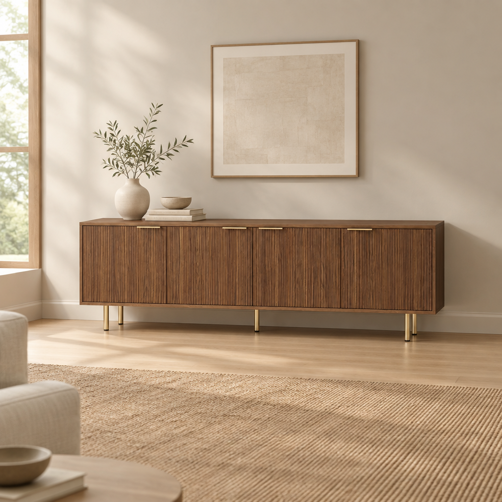 Fluted 69" TV Stand, Gold Legs & Cabinets – Wood — living room wide