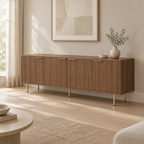 Fluted 69" TV Stand, Gold Legs & Cabinets – Wood — living room three-quarter right