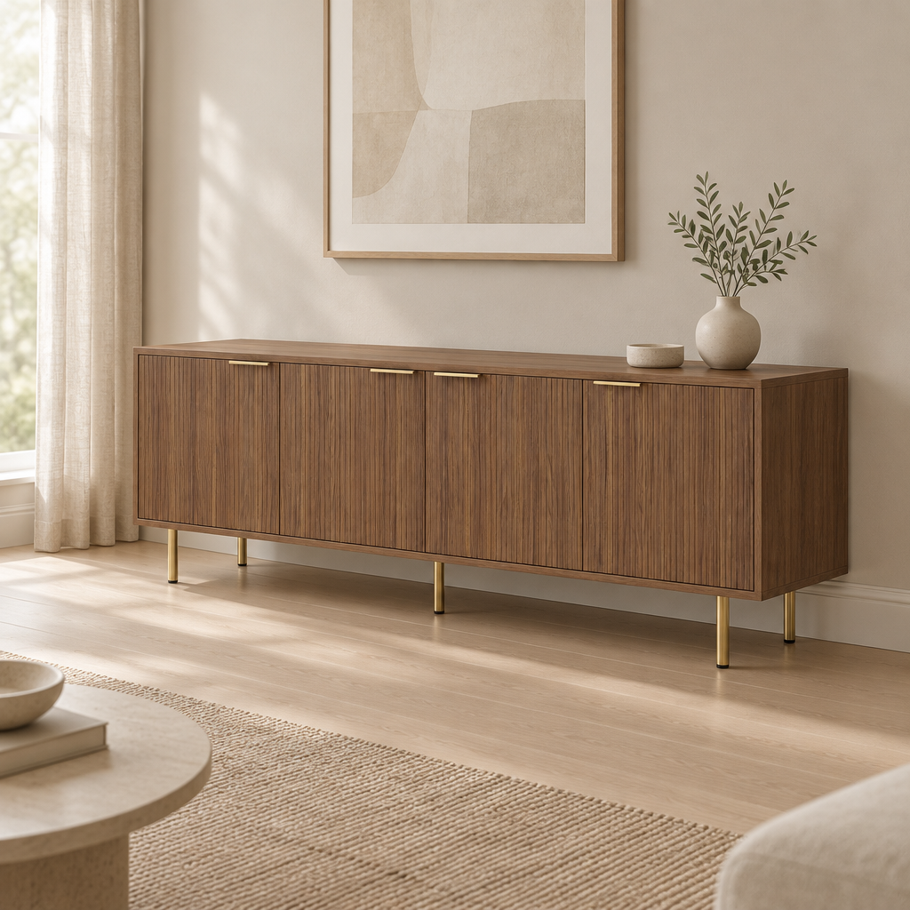 Fluted 69" TV Stand, Gold Legs & Cabinets – Wood — living room three-quarter right