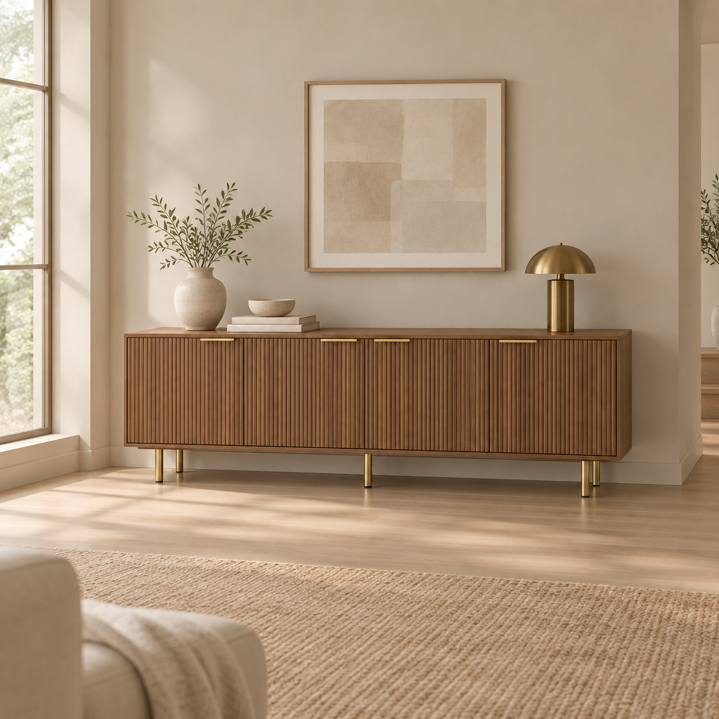 69" Fluted TV Stand with 4 Storage Doors – Wood — living room wide