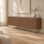 69" Fluted TV Stand with 4 Storage Doors – Wood — living room three-quarter right
