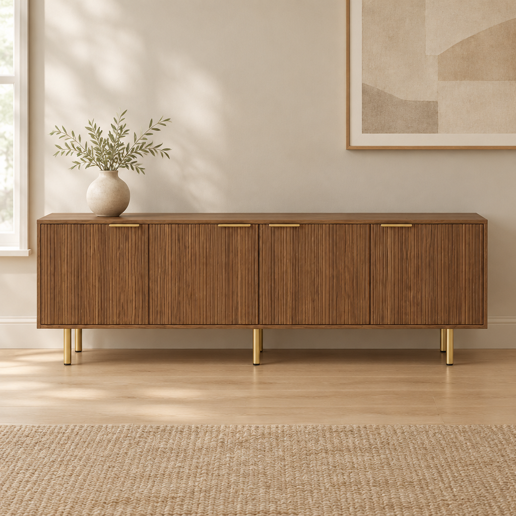 69" Fluted TV Stand with 4 Storage Doors – Wood — living room front