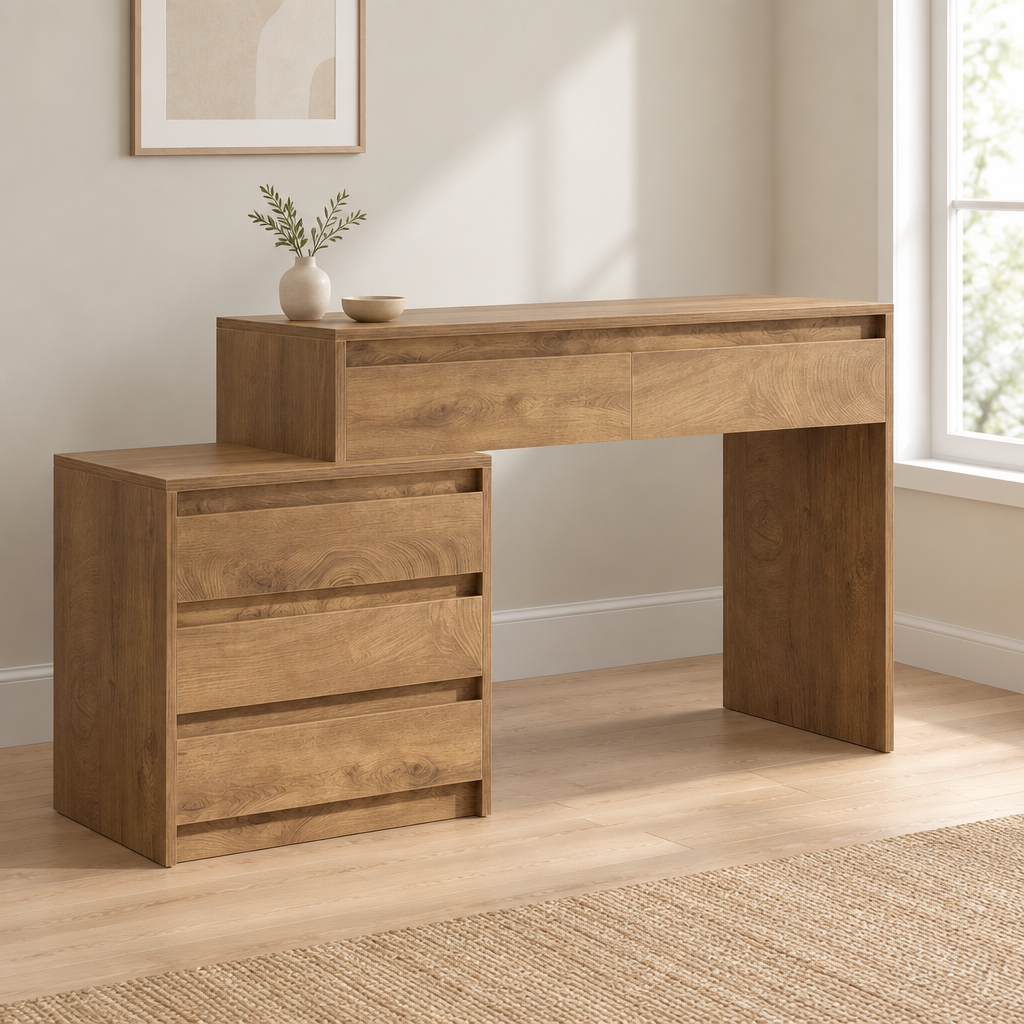5-Drawer Computer Desk, Vintage Industrial – Rustic Brown — office three-quarter right