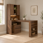 L-Shaped Desk with Hutch, Drawers & LED Light – Wood — office three-quarter left