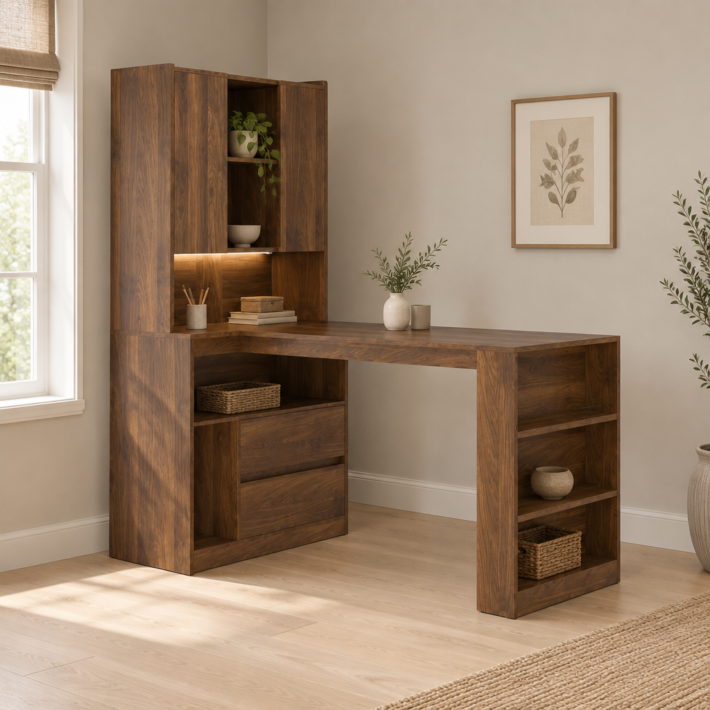 L-Shaped Desk with Hutch, Drawers & LED Light – Wood — office three-quarter left