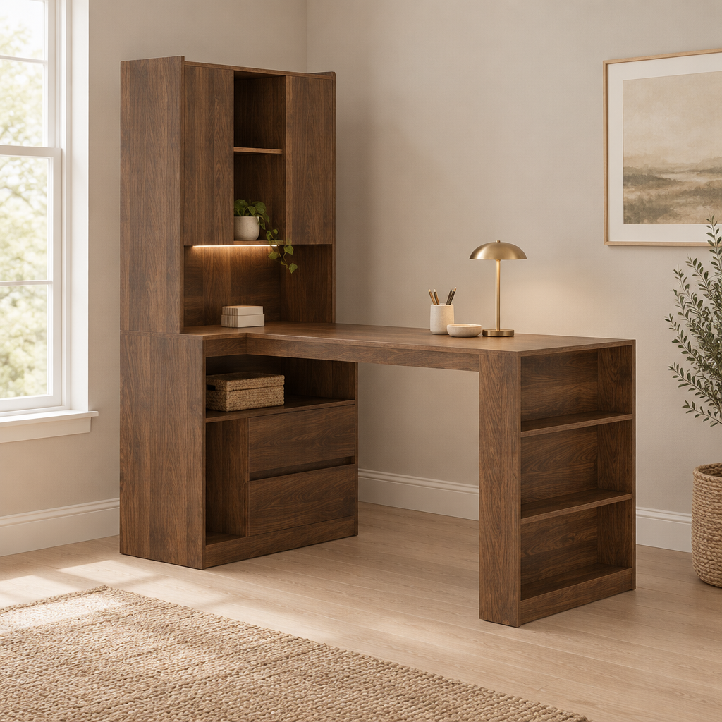 L-Shaped Desk with Hutch, Drawers & LED Light – Wood — office three-quarter right