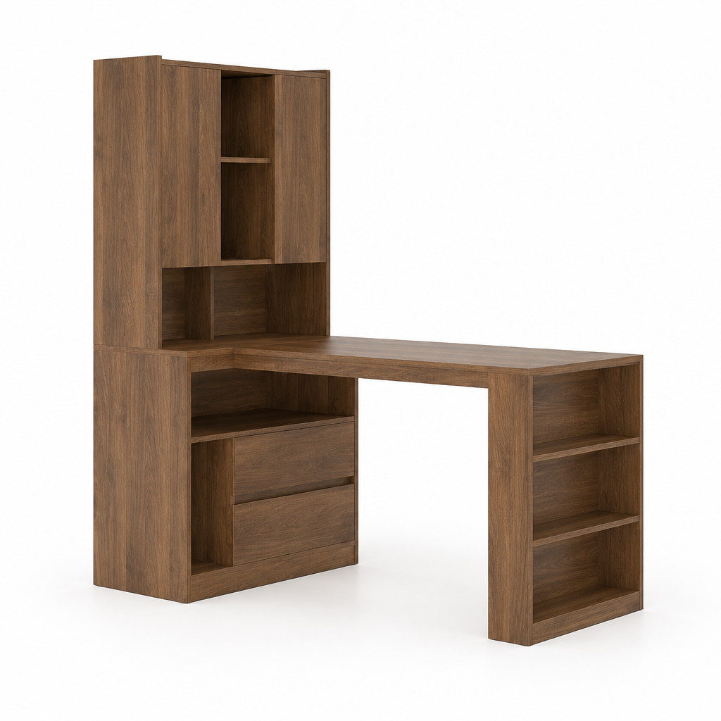L-Shaped Desk with Hutch, Drawers & LED Light – Wood — studio side profile