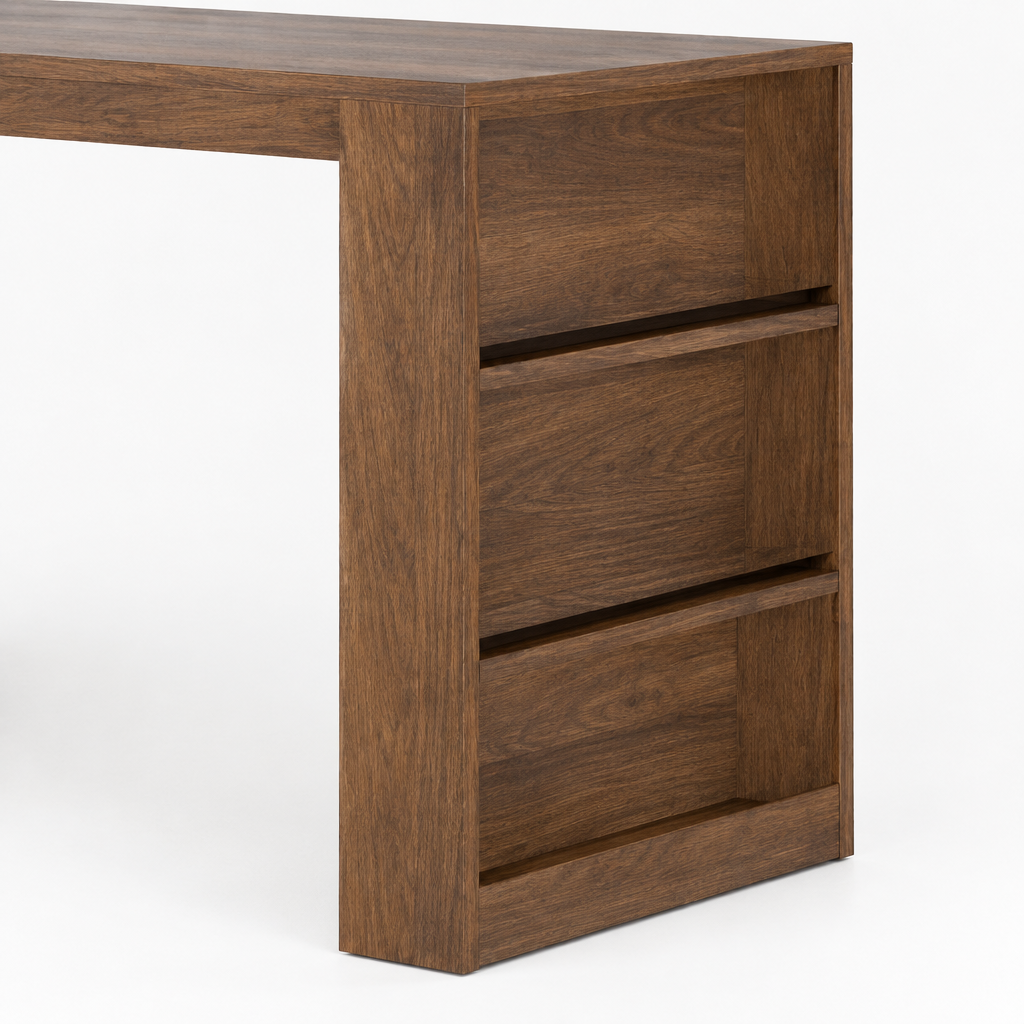 L-Shaped Desk with Hutch, Drawers & LED Light – Wood — studio detail
