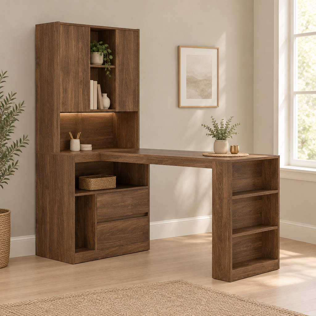 L-Shaped Desk with Hutch, Drawers & LED Light – Wood — office front