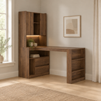 L-Shaped Desk with Hutch, Drawers & LED Light – Wood — office wide