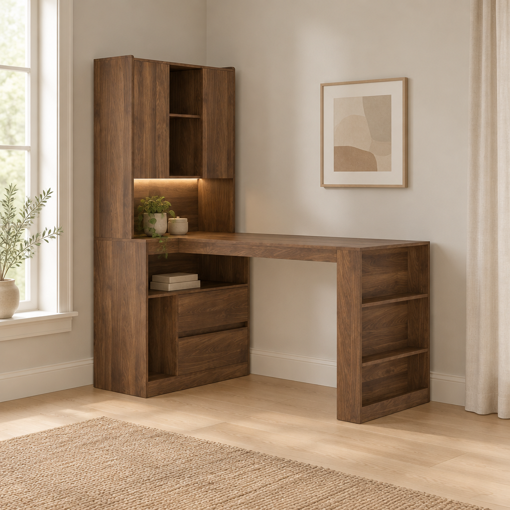 L-Shaped Desk with Hutch, Drawers & LED Light – Wood — office wide