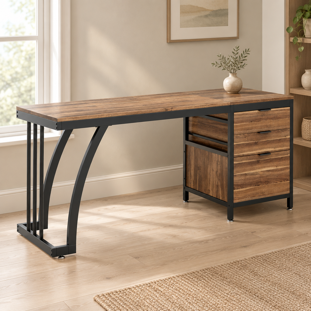 Industrial Computer Desk, Metal Frame – Brown/Black — office three-quarter left