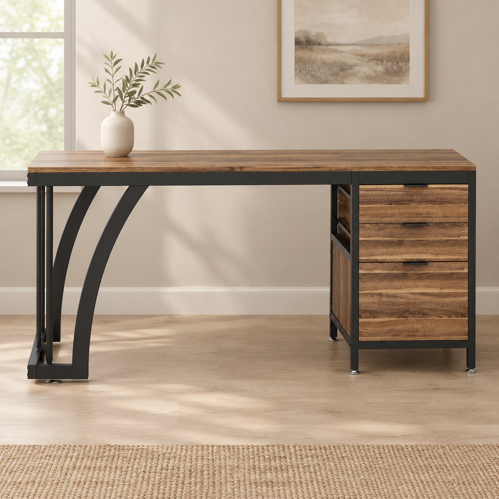 Industrial Computer Desk, Metal Frame – Brown/Black — office front